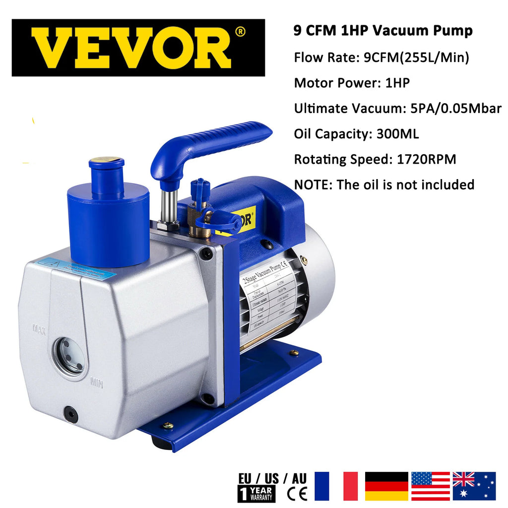 VEVOR Vacuum Pump 6/9/10/12 CFM 1 HP Double Stage Air Conditioning Vacuum Pump 5PA for Automobile Reparation Vacuum Evacuation