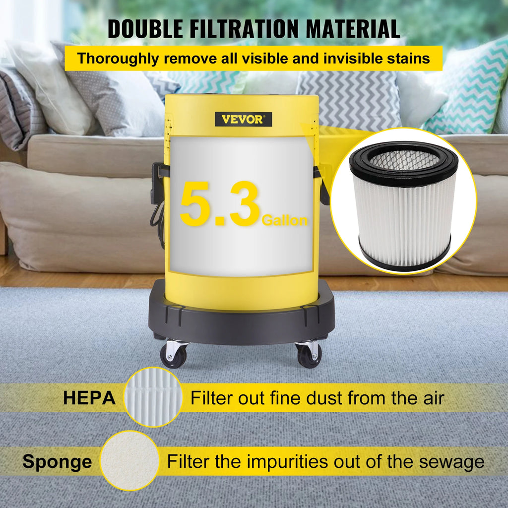 VEVOR Wet Dry Vacuum Cleaner 5.3 Gallon 2 Peak HP 4-in-1 Portable Shop Vacuum with Blow and Spray Function for Household Car