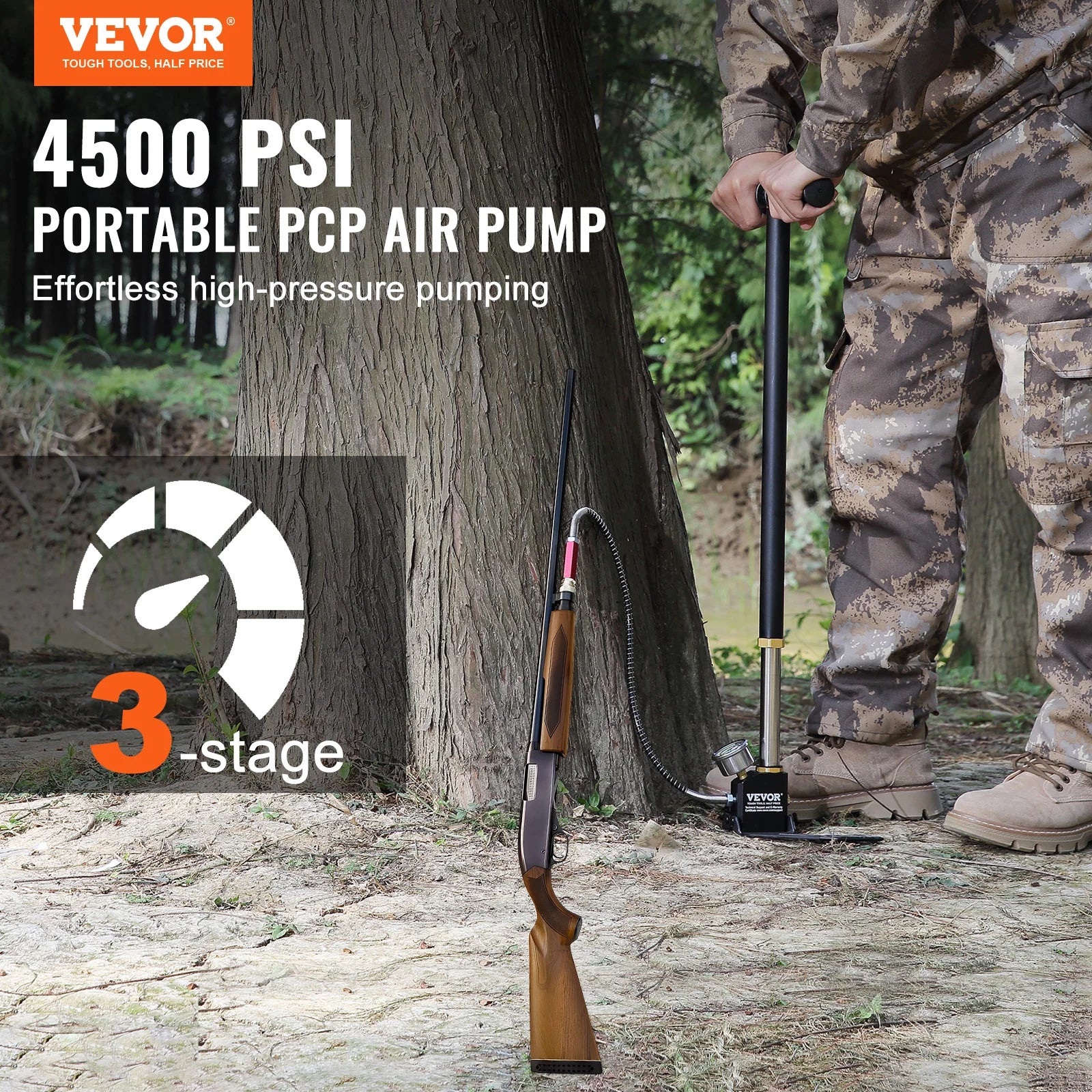 VEVOR 3 Stage PCP Pump 30MPa 4500PSI W/ Pressure Gauge Air Hand Stirrup Pump for Pistols Rifles  Air Guns  Car Bicycle Hunting