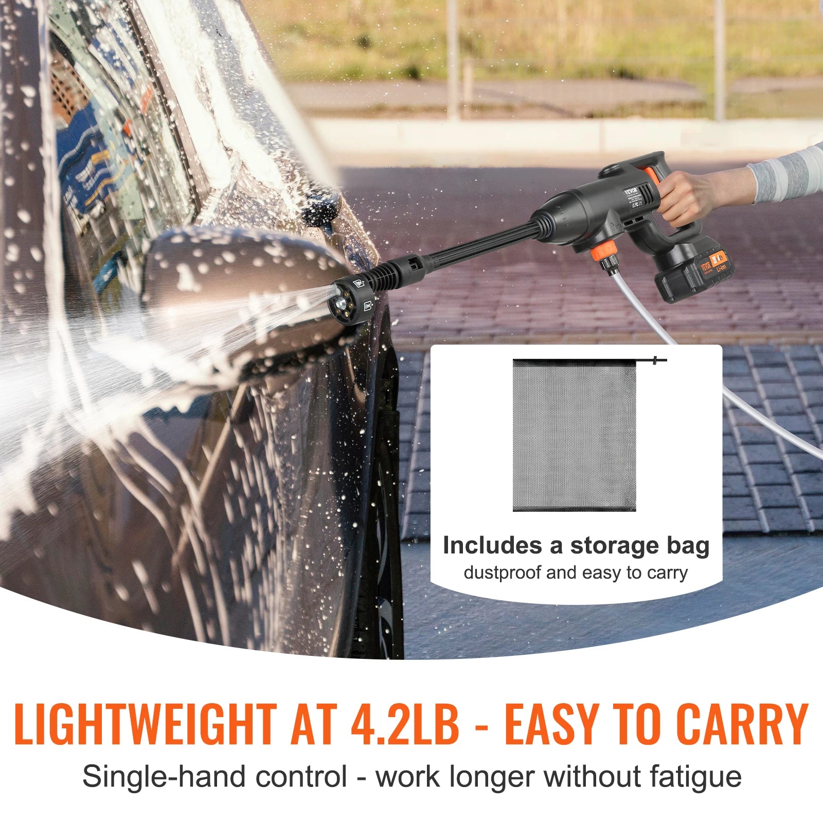 VEVOR Cordless Pressure Washer 580-PSI 1.1 GPM Portable Power Cleaner Handheld High-Pressure Car Washer Gun with 4.0Ah Battery