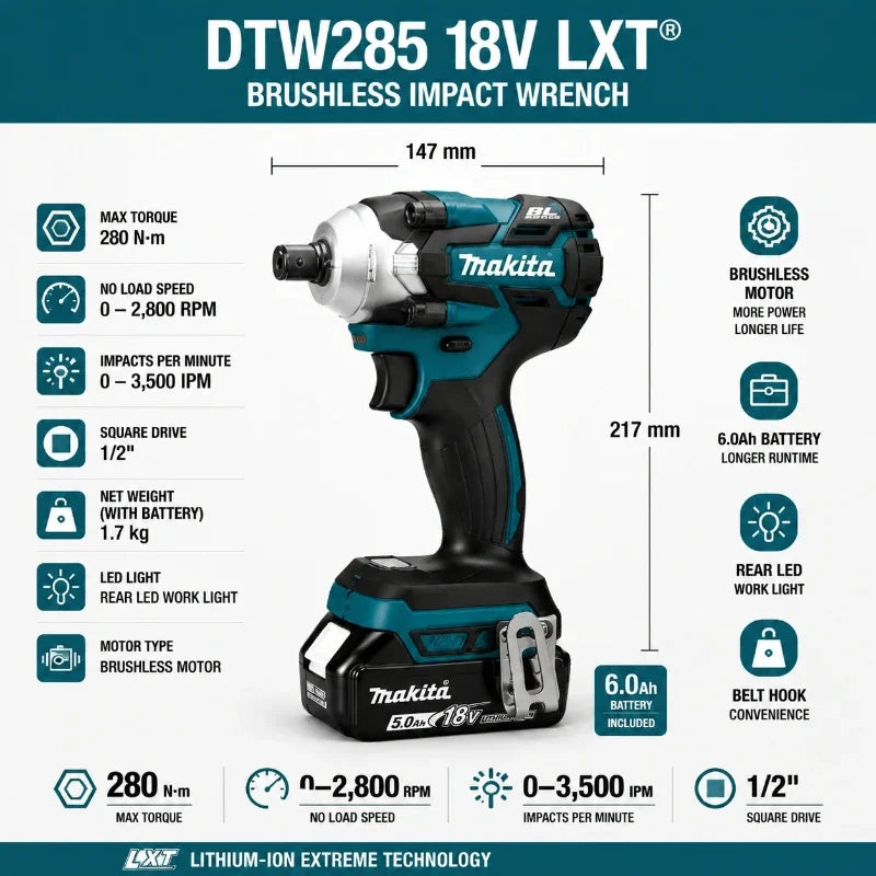 Makita DTW285 18V Brushless Cordless Impact Wrench Kit