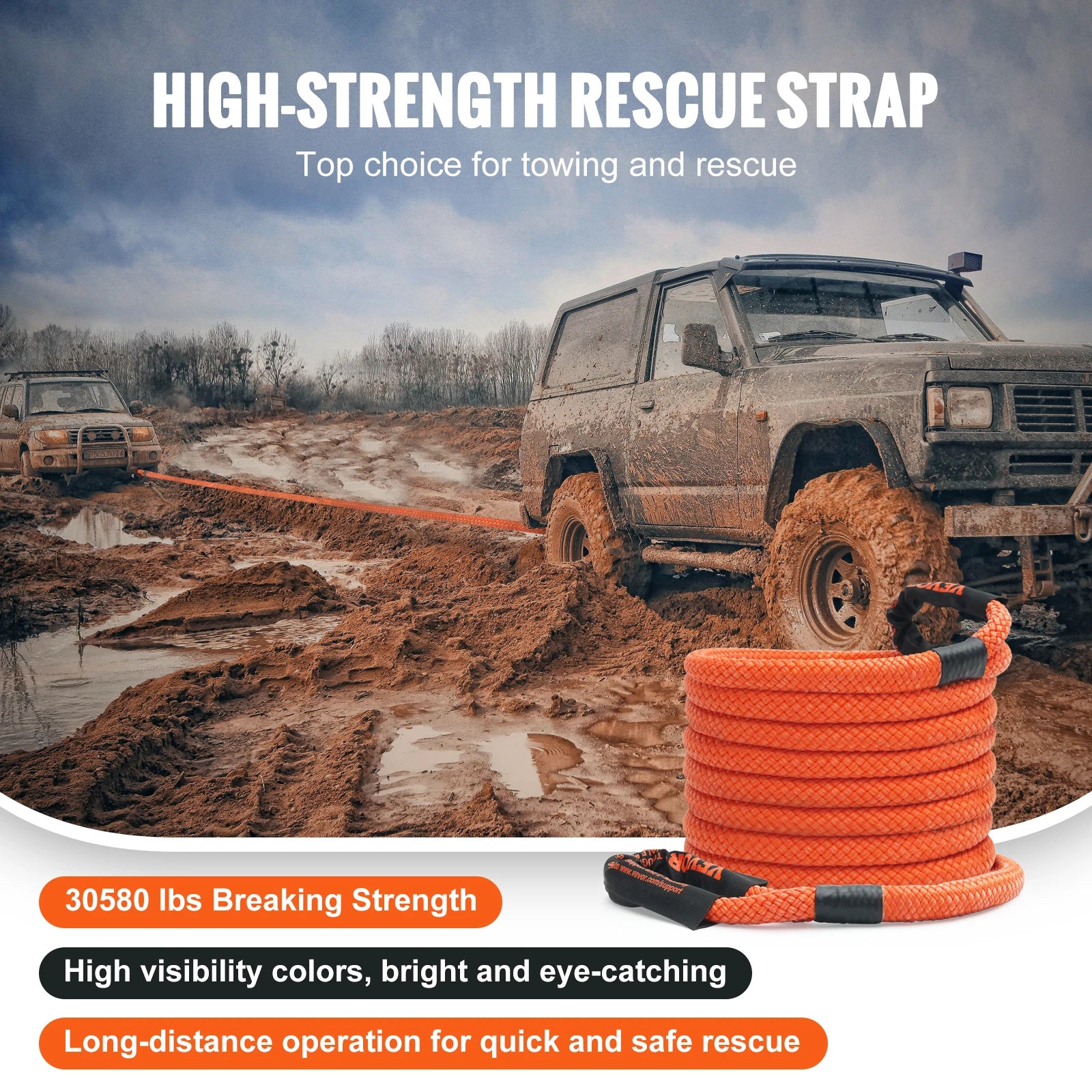 VEVOR 20/30ft Car Towing Rope Off Road Snatch Tow Strap of Rescue Recovery Resistant Which Rope for Jeep Car Truck ATV Tractor