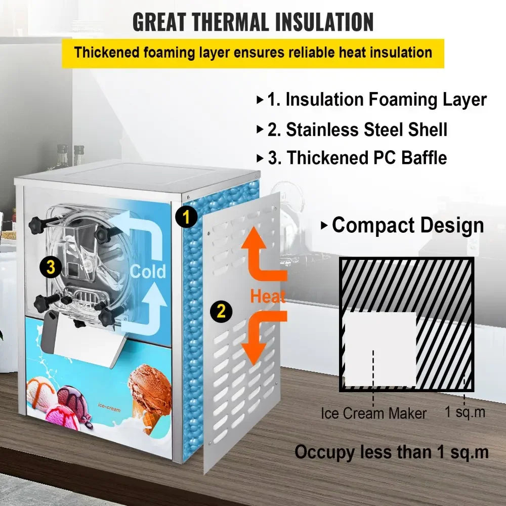 VEVOR Commercial Ice Cream Machine, 16-20L/H Yield, 1400W Single Flavor Countertop Hard Serve Ice Cream Maker, for Restaurant