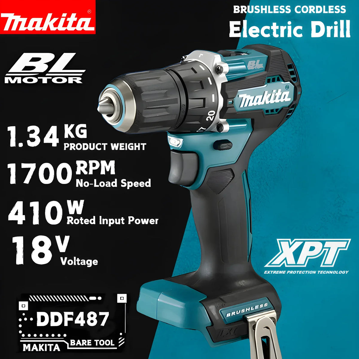Makita DDF487 18V Bešepetėlinis Akumuliatorinis Gręžtuvas