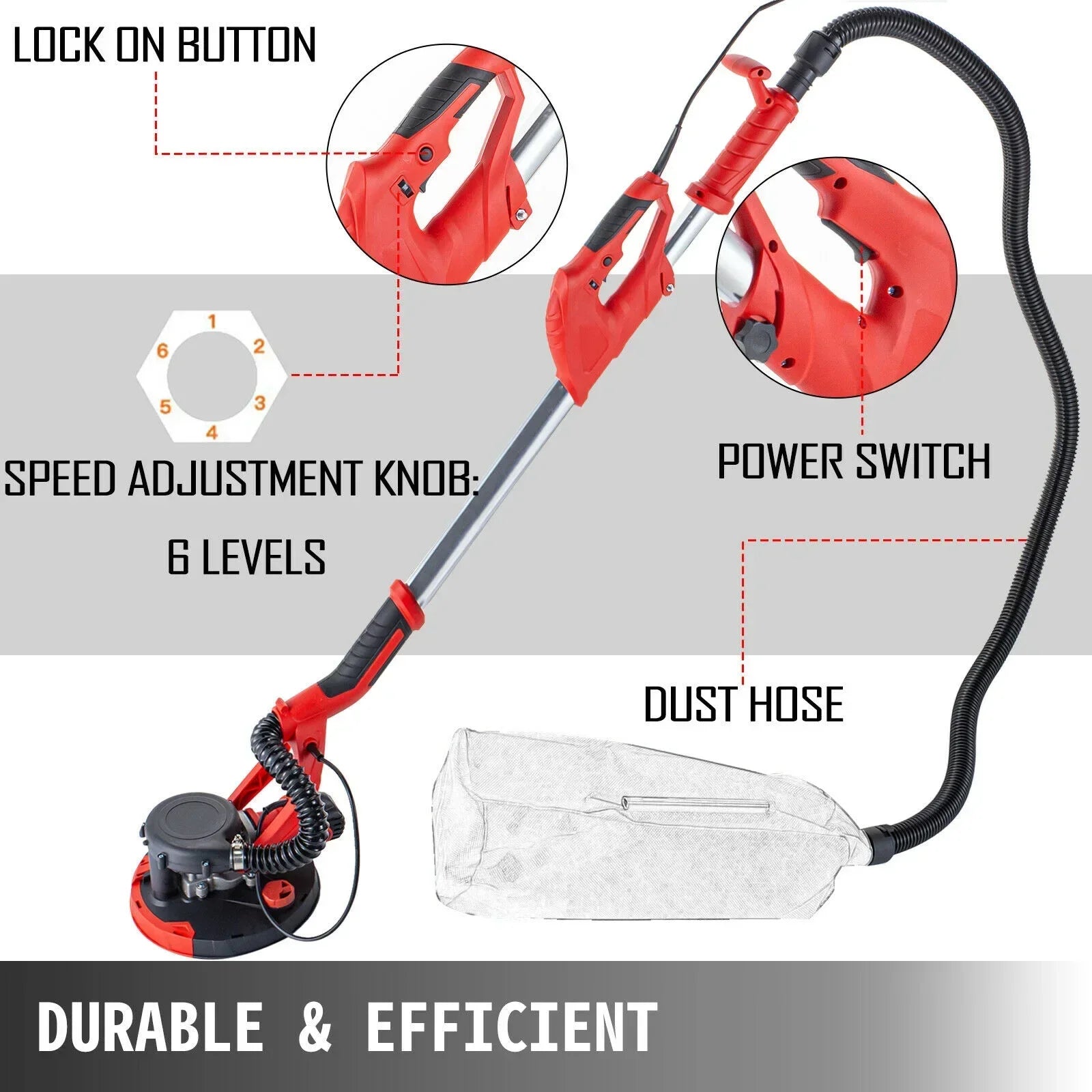 VEVOR Drywall Sander 750W, Foldable Sheetrock Sander, Variable Speed 800-1750 RPM, Wall Sander, w/LED Strip Light and Vacuum Bag