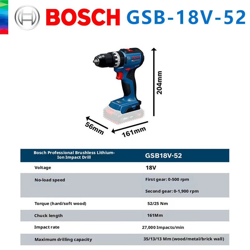 Bosch GSB 18V-52 Elektrinis Gręžtuvas su 52Nm Sukimo Momentu