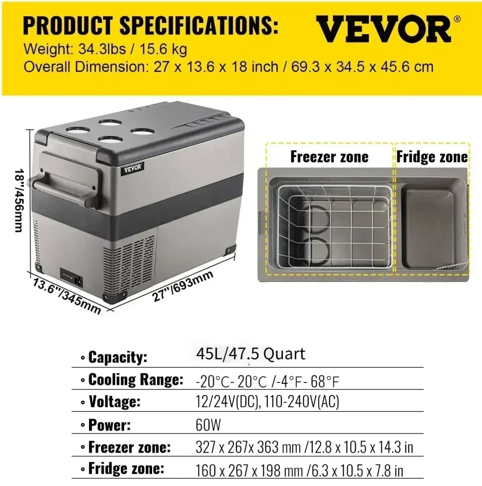 VEVOR Car Mini Refrigerator Mini Fridge 35-55L Freezer Portable Compressor Cooler 12/24V DC 110-240V Ice Box for Camping