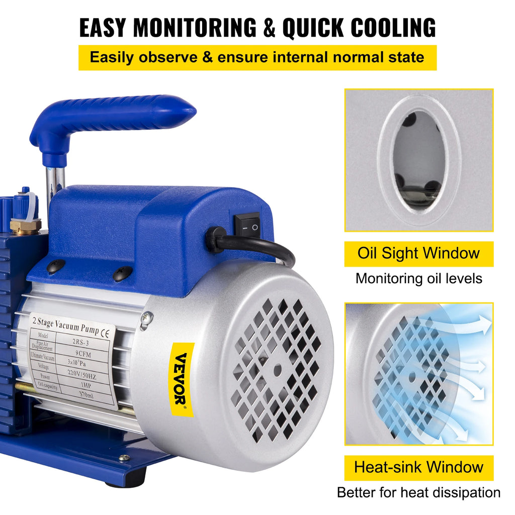 VEVOR Vacuum Pump 6/9/10/12 CFM 1 HP Double Stage Air Conditioning Vacuum Pump 5PA for Automobile Reparation Vacuum Evacuation