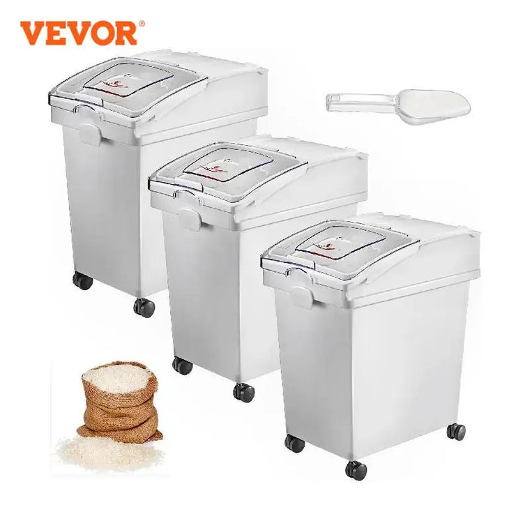 VEVOR birių maisto produktų laikymo konteineris 25 L su semtuvėliu ir ratukais
