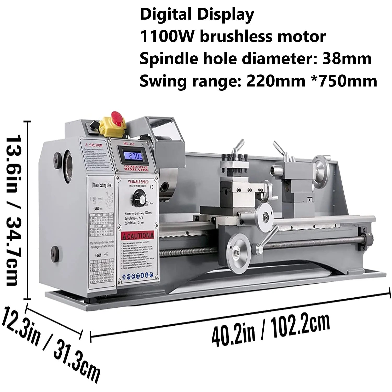 VEVOR Pro Leg Stretcher 220LBS Leg Stretch MachineMetalLatheMachine1100W220x750mm38mmSpindleBlushlessMotorDigitalDisplay