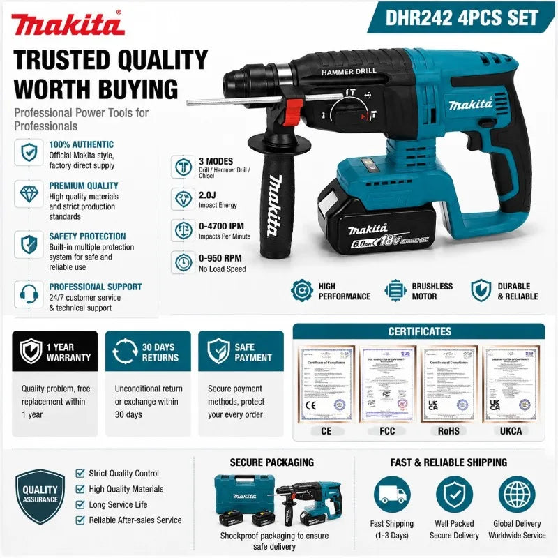 Makita DHR242 18V Bešepetėlinis Perforatorius 24 mm
