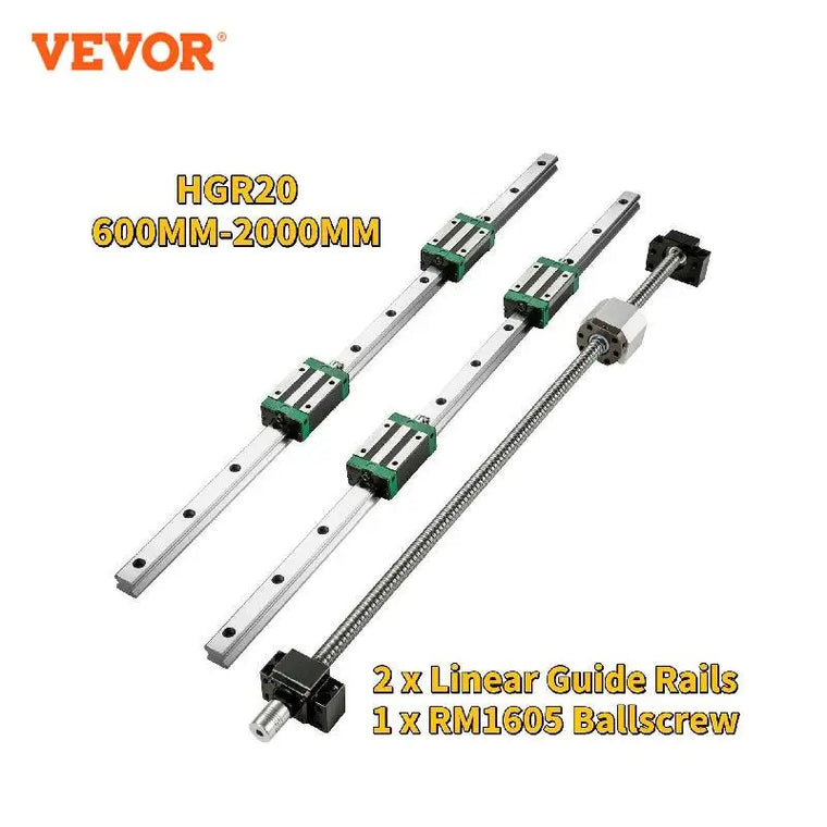 VEVOR HGR20 linijinių kreiptuvų rinkinys CNC staklėms su RM1605 rutuliniu sraigtu, 2 bėgiais ir 4 vežimėliais (600–2000 mm)