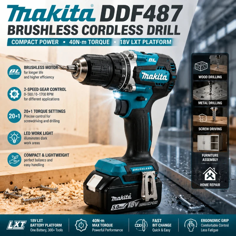 Akumuliatorinis gręžtuvas-suktuvas Makita DDF487 18V LXT