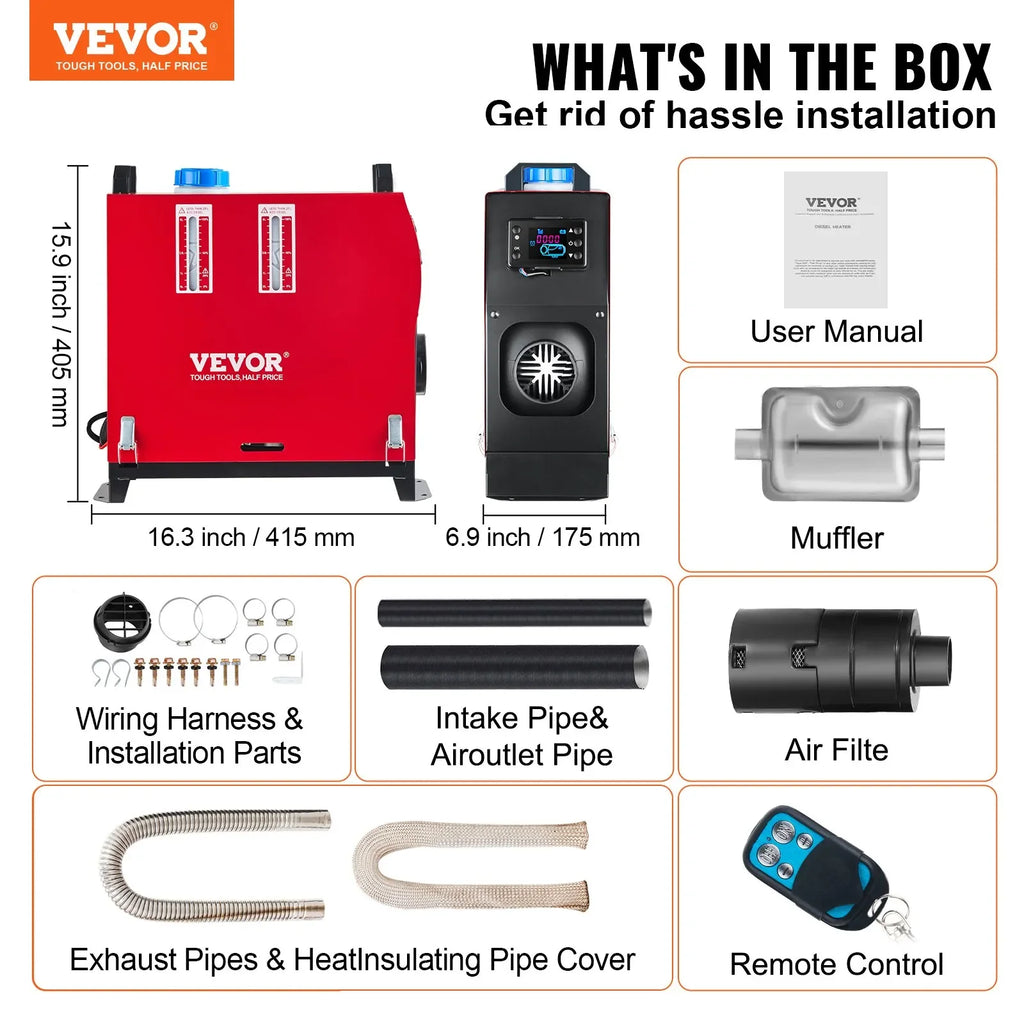 VEVOR diesel heater, 12V diesel air heater, muffler, 8kW diesel air heater with remote control and LCD thermostat display screen