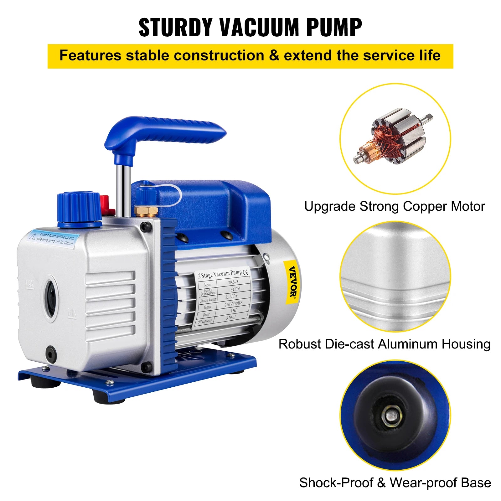 VEVOR Vacuum Pump 6/9/10/12 CFM 1 HP Double Stage Air Conditioning Vacuum Pump 5PA for Automobile Reparation Vacuum Evacuation