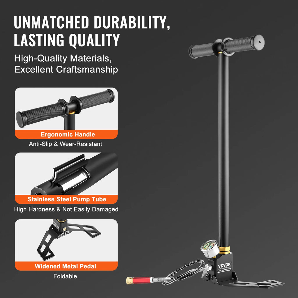VEVOR 3 Stage PCP Pump 30MPa 4500PSI W/ Pressure Gauge Air Hand Stirrup Pump for Pistols Rifles  Air Guns  Car Bicycle Hunting