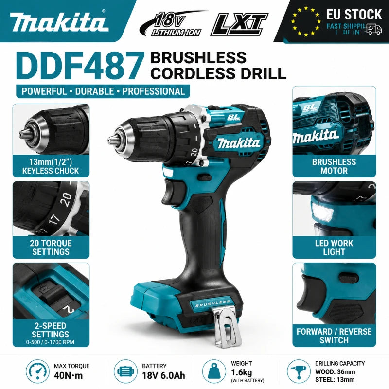 Akumuliatorinis gręžtuvas-suktuvas Makita DDF487 18V LXT