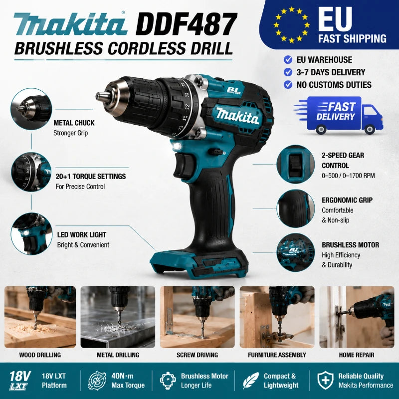 Akumuliatorinis gręžtuvas-suktuvas Makita DDF487 18V LXT
